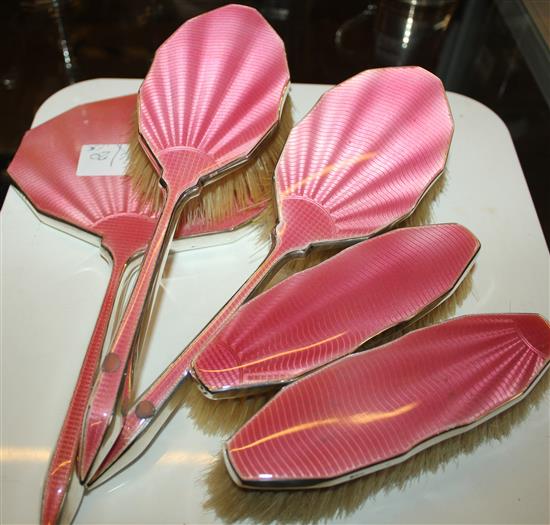 Silver and pink enamel dressing table set